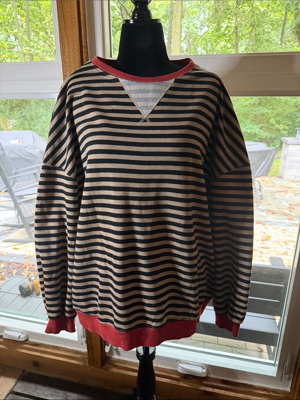 Source Unknown Womens Striped Sweatshirt - Black & Cream with Red Trim